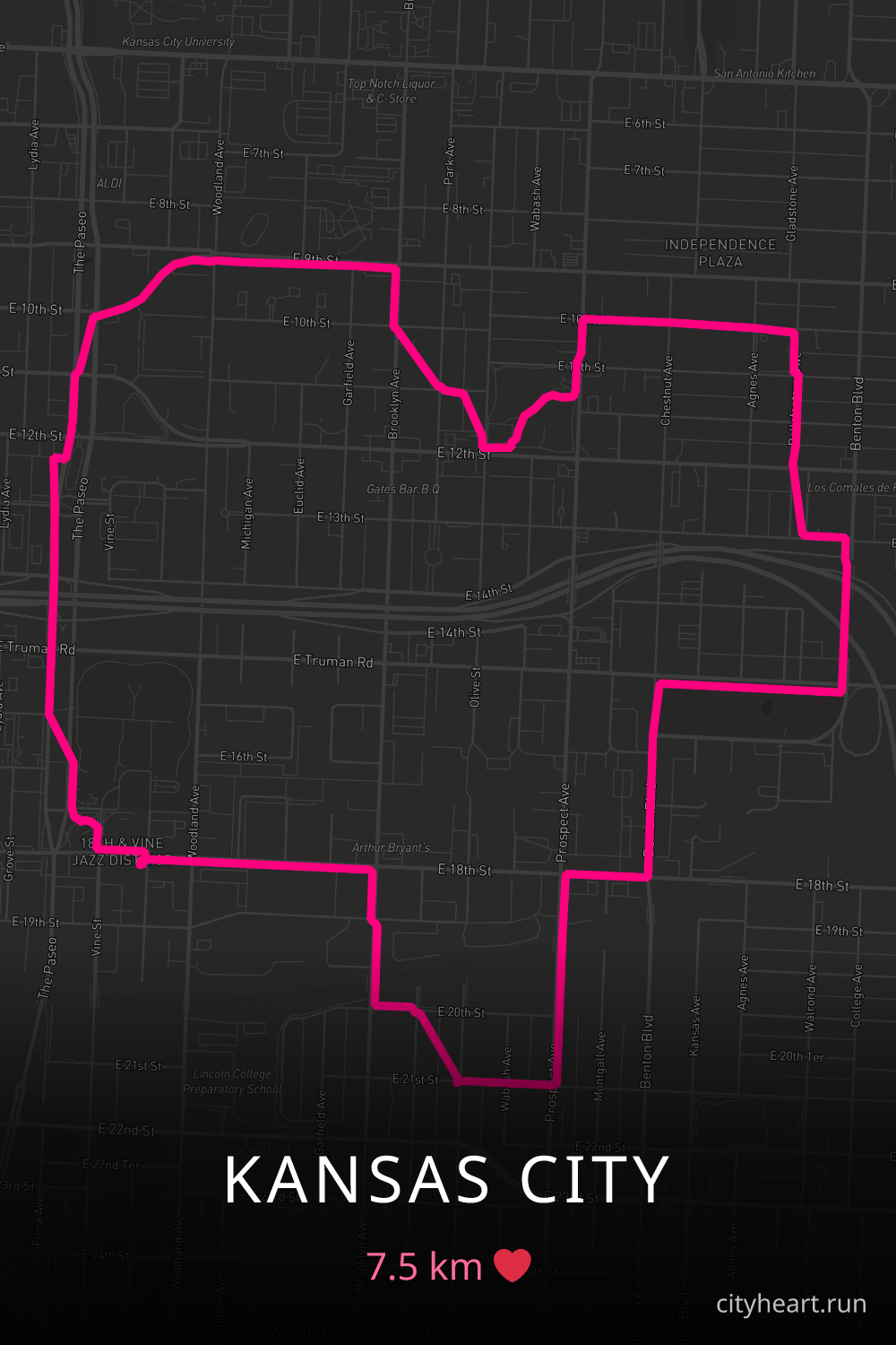 Heart-shaped running route in Kansas City, 8.6 km — GPS art for Strava