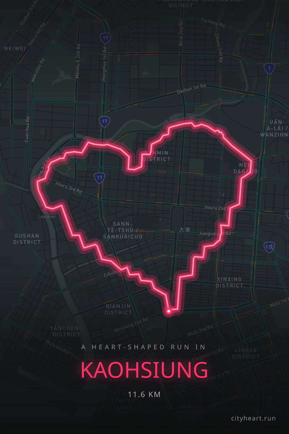 Heart-shaped running route in Kaohsiung, 11.6 km — GPS art for Strava
