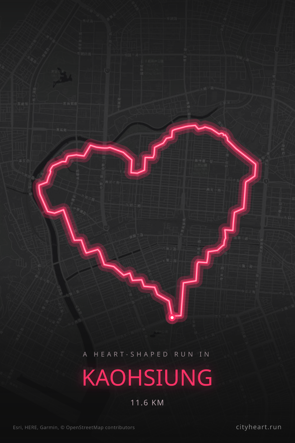 Heart-shaped running route in Kaohsiung, 11.6 km — GPS art for Strava