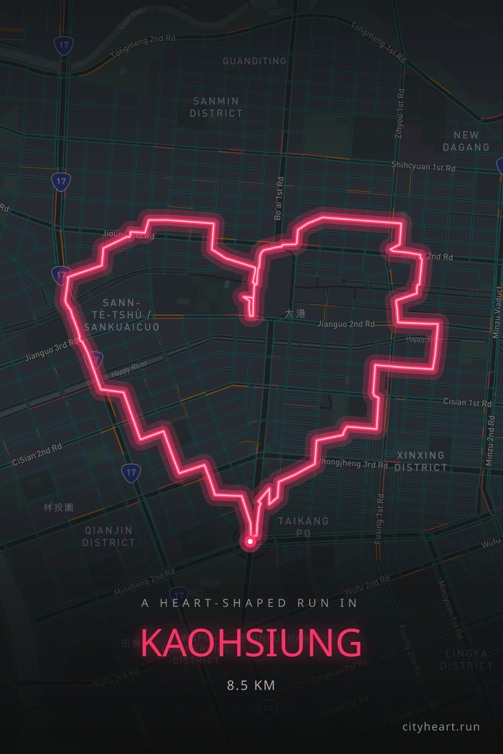 Heart-shaped running route in Kaohsiung, 8.5 km — GPS art for Strava