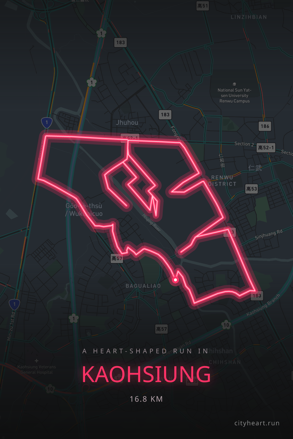 Heart-shaped running route in Kaohsiung, 18.1 km — GPS art for Strava