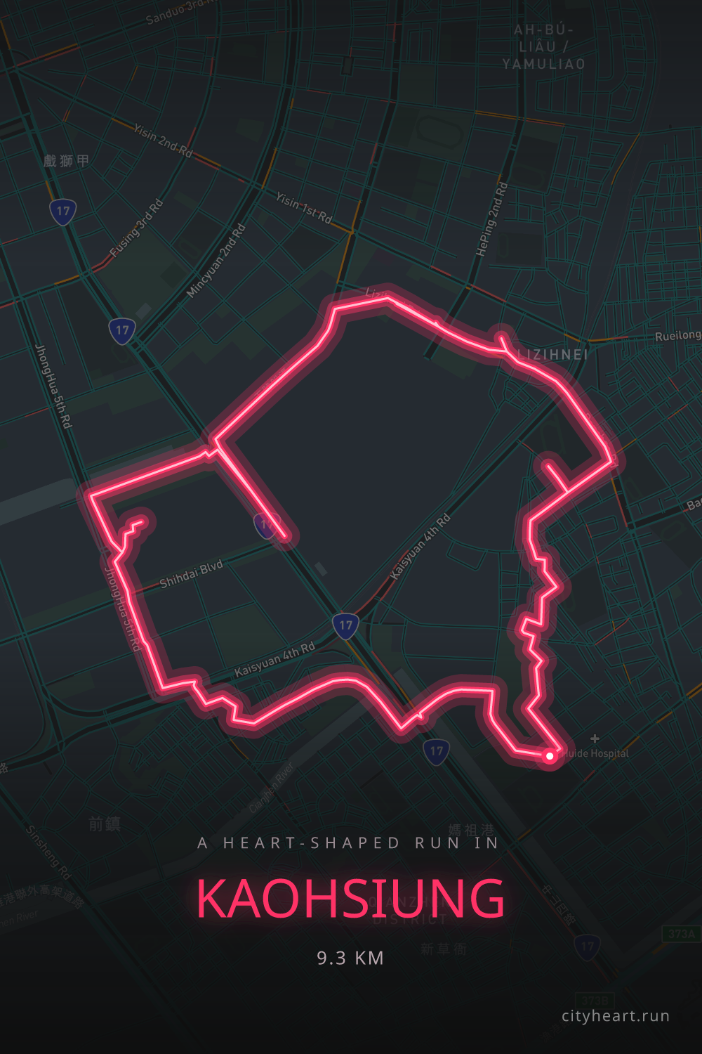 Heart-shaped running route in Kaohsiung, 10.0 km — GPS art for Strava