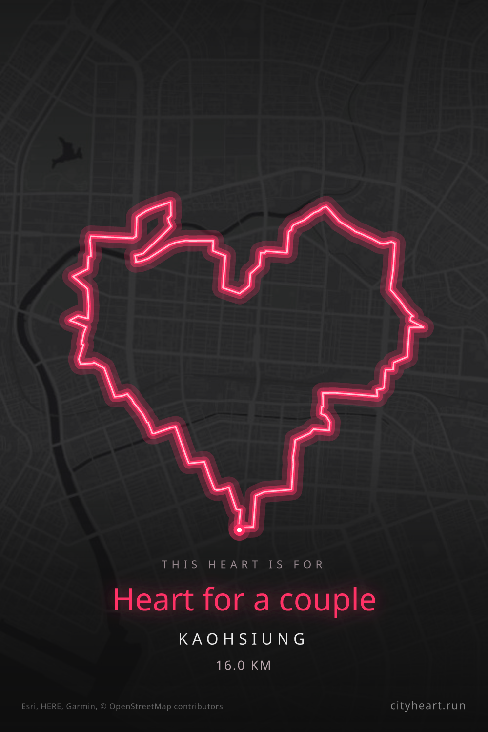 Heart-shaped running route in Kaohsiung, 16.0 km — GPS art for Strava