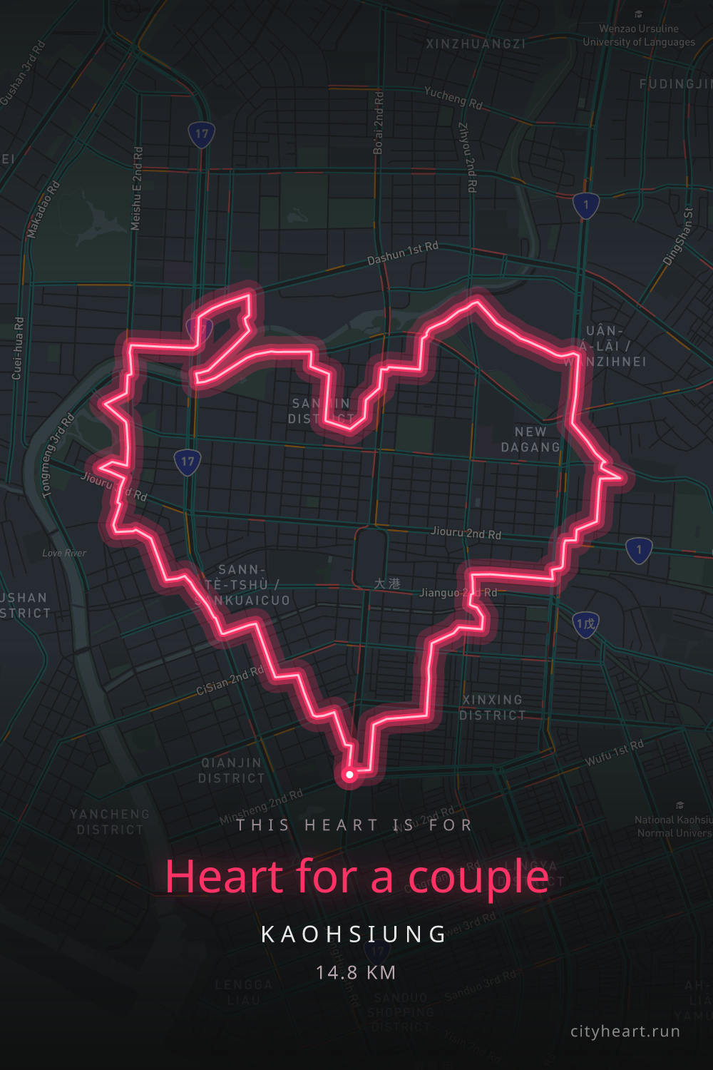 Heart-shaped running route in Kaohsiung, 16.0 km — GPS art for Strava