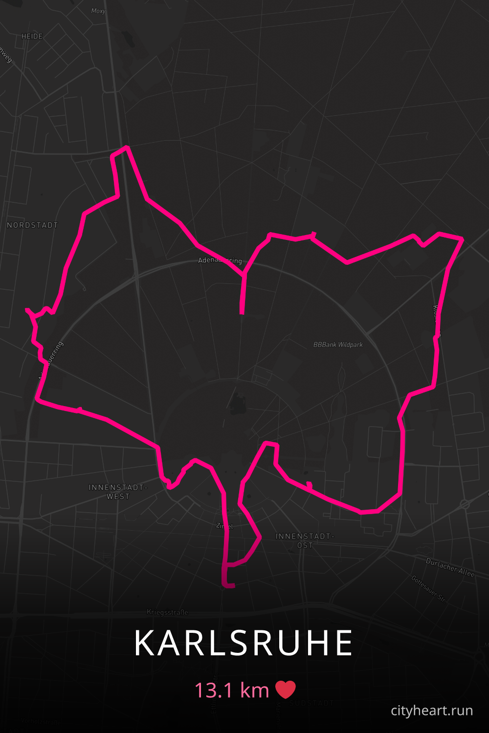 Heart-shaped running route in Karlsruhe, 13.1 km — GPS art for Strava
