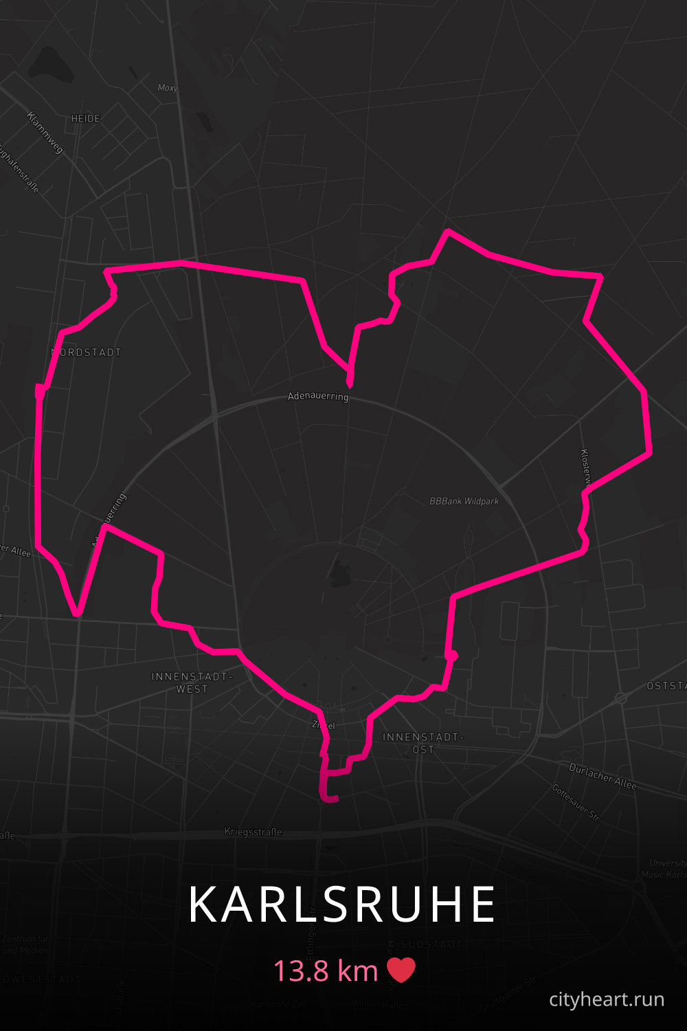 Heart-shaped running route in Karlsruhe, 13.8 km — GPS art for Strava