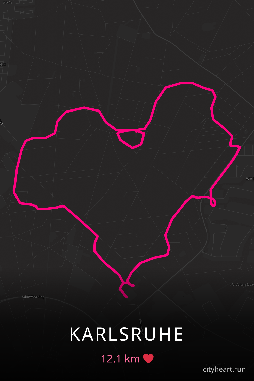 Heart-shaped running route in Karlsruhe, 12.1 km — GPS art for Strava