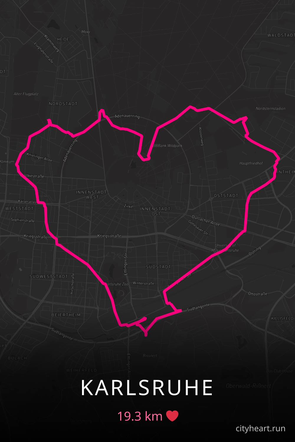 Heart-shaped running route in Karlsruhe, 19.3 km — GPS art for Strava