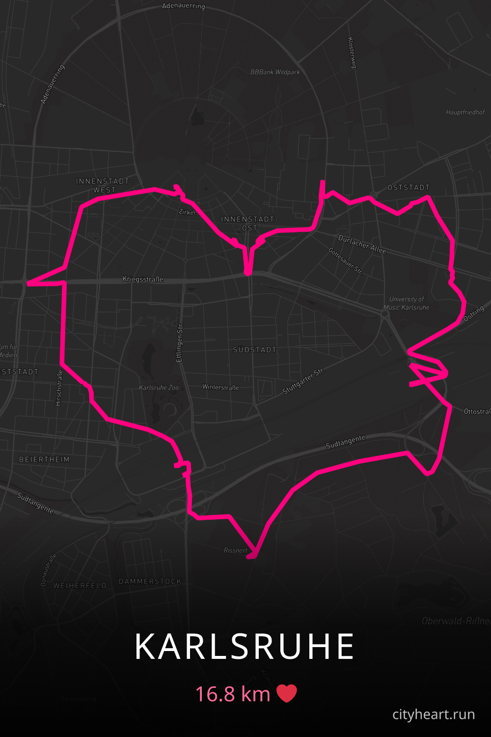 Heart-shaped running route in Karlsruhe, 16.8 km — GPS art for Strava