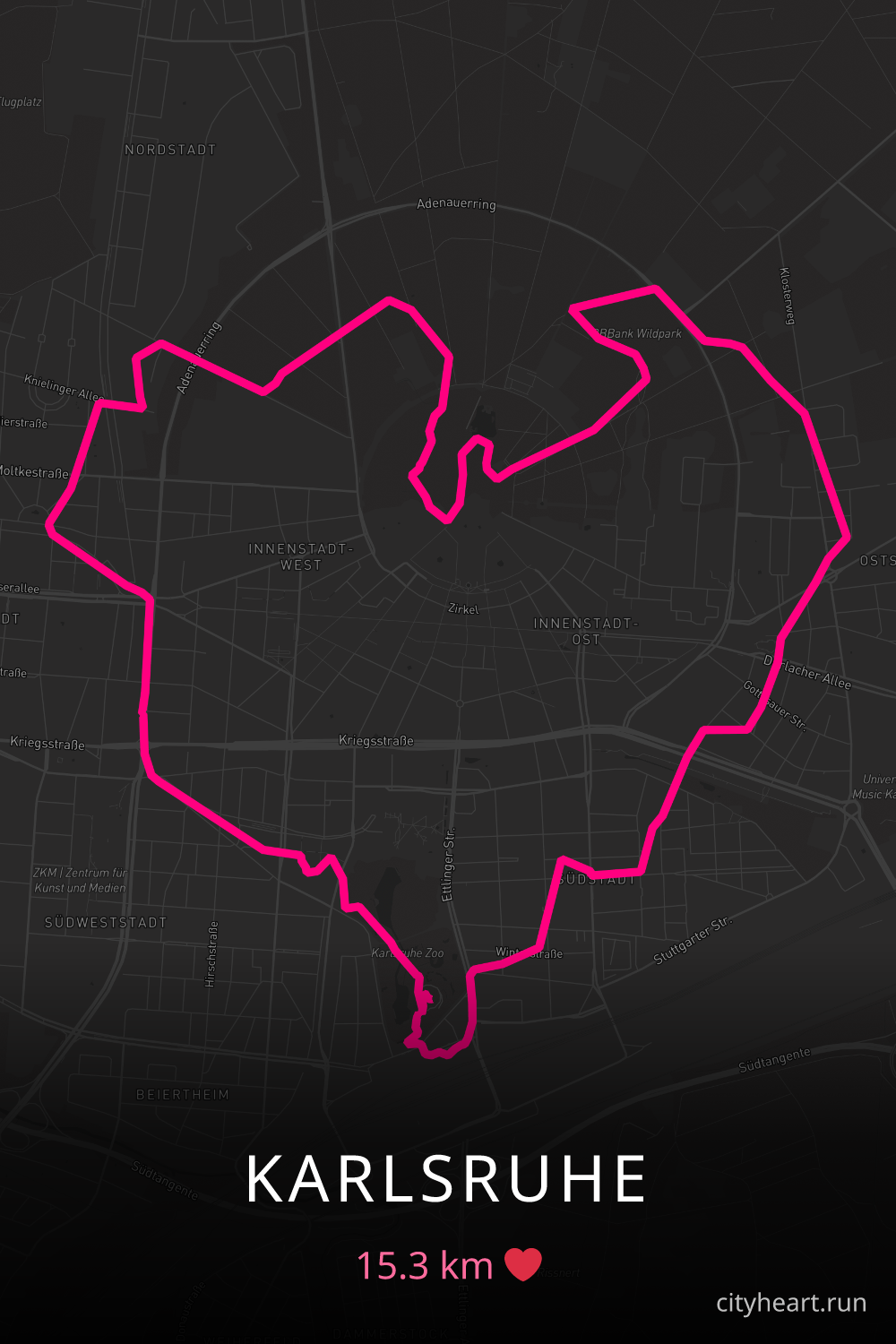 Heart-shaped running route in Karlsruhe, 15.3 km — GPS art for Strava