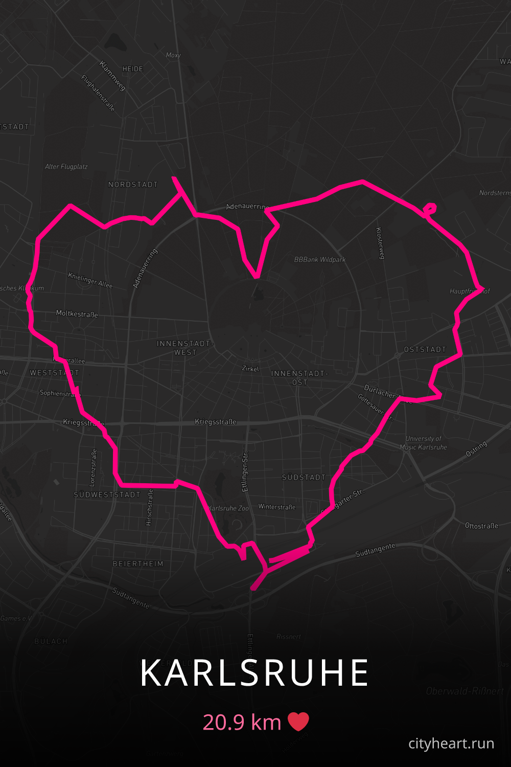 Heart-shaped running route in Karlsruhe, 20.9 km — GPS art for Strava