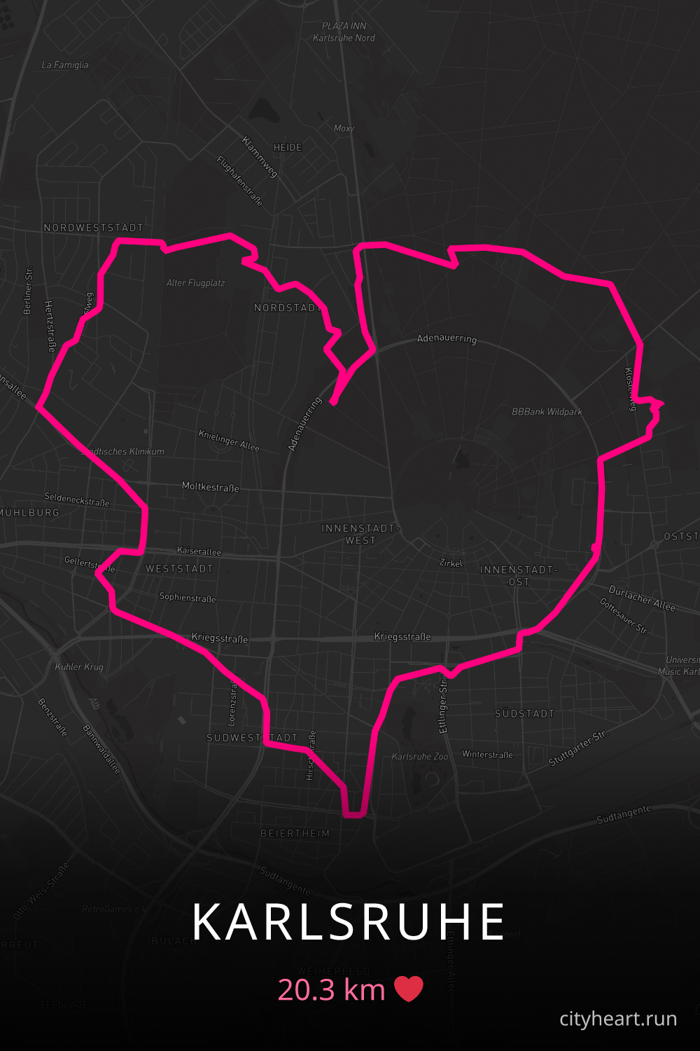 Heart-shaped running route in Karlsruhe, 20.3 km — GPS art for Strava