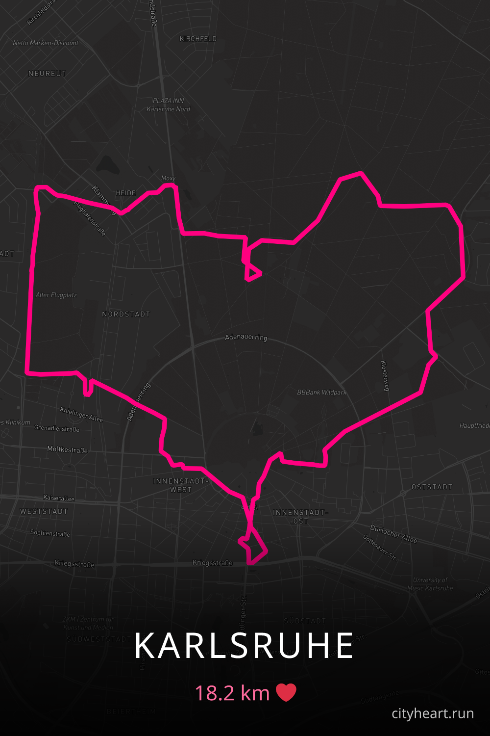 Heart-shaped running route in Karlsruhe, 18.2 km — GPS art for Strava