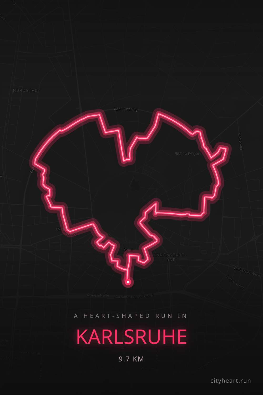 Heart-shaped running route in Karlsruhe, 10.5 km — GPS art for Strava