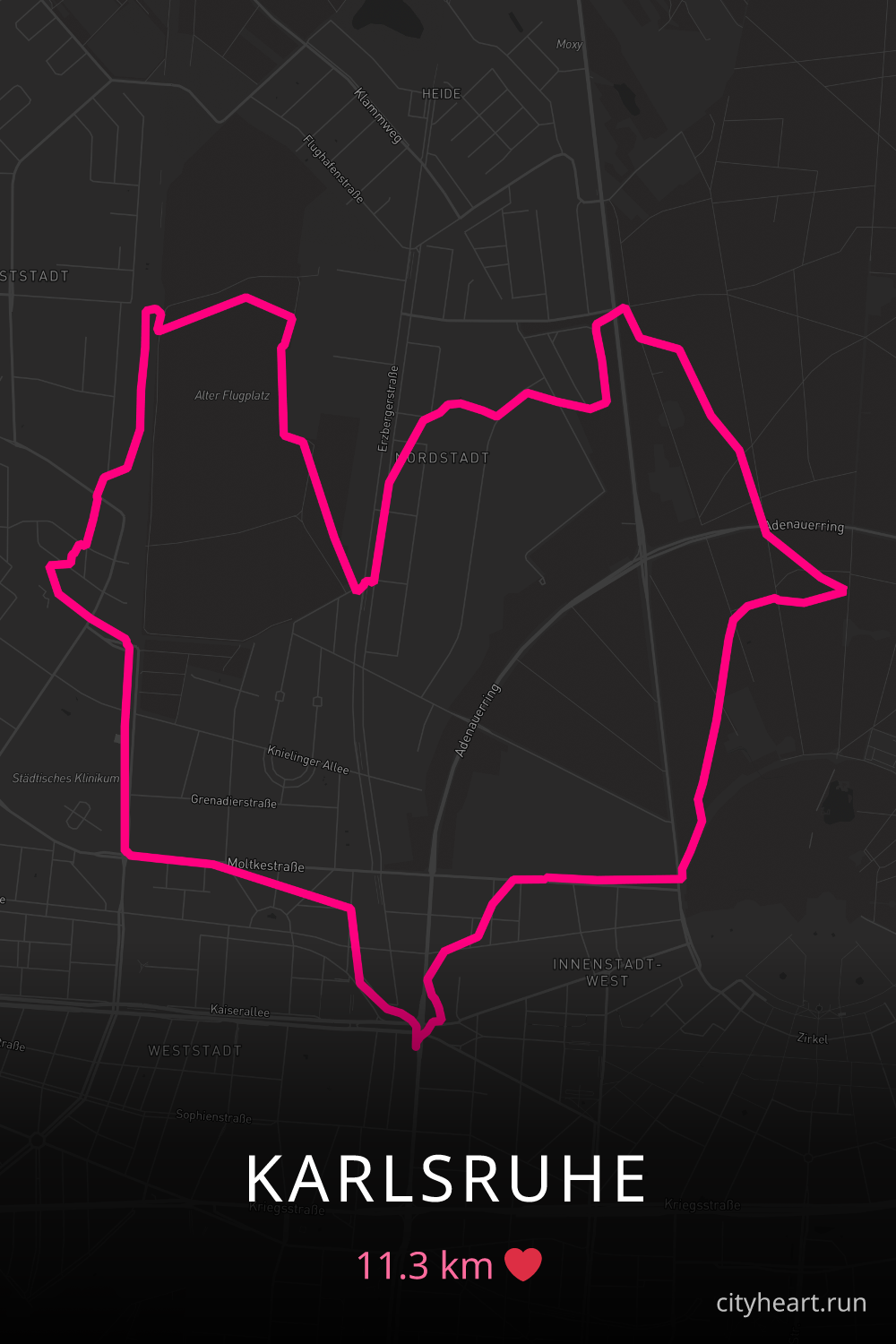 Heart-shaped running route in Karlsruhe, 11.3 km — GPS art for Strava