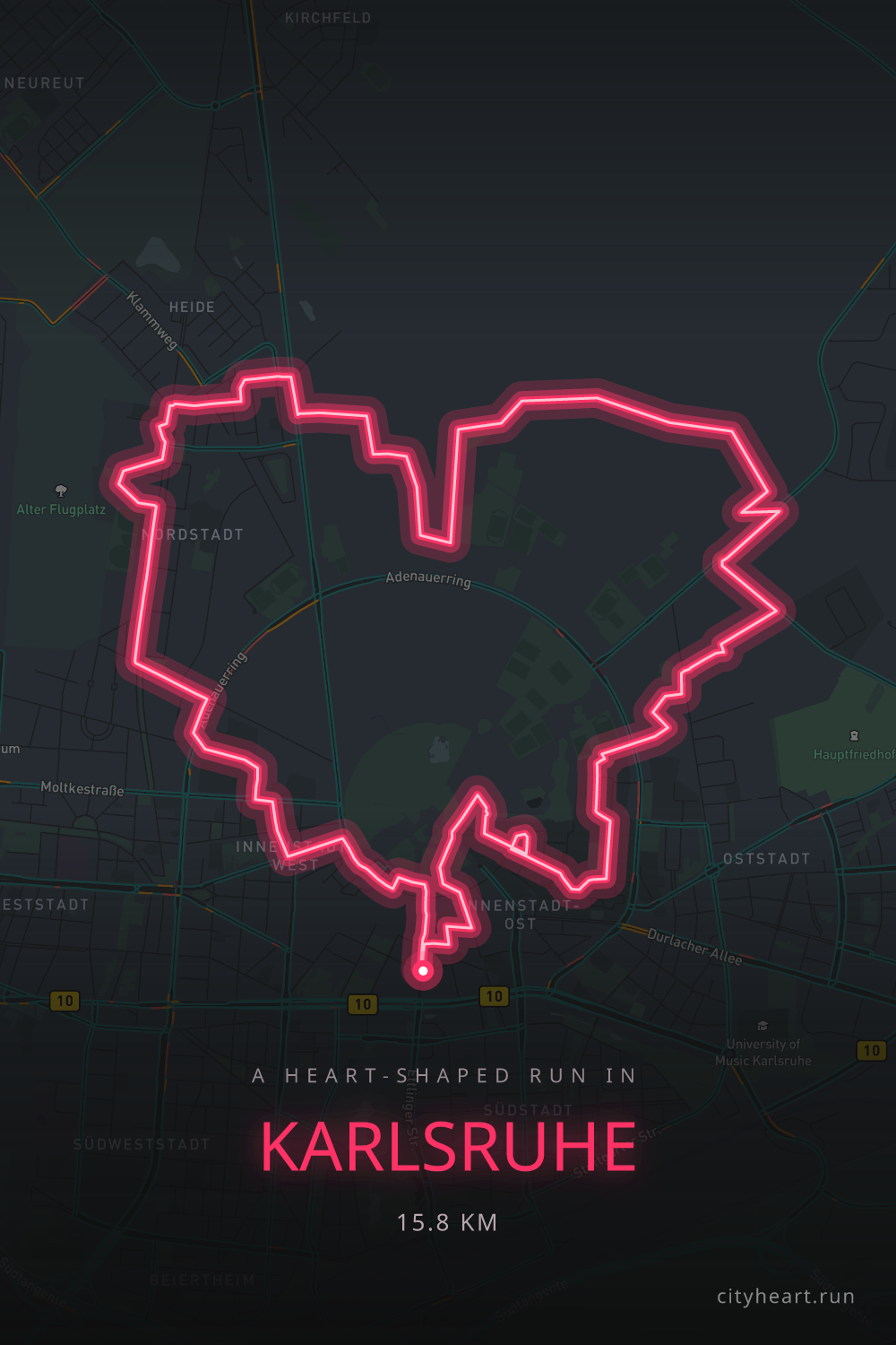 Heart-shaped running route in Karlsruhe, 17.1 km — GPS art for Strava
