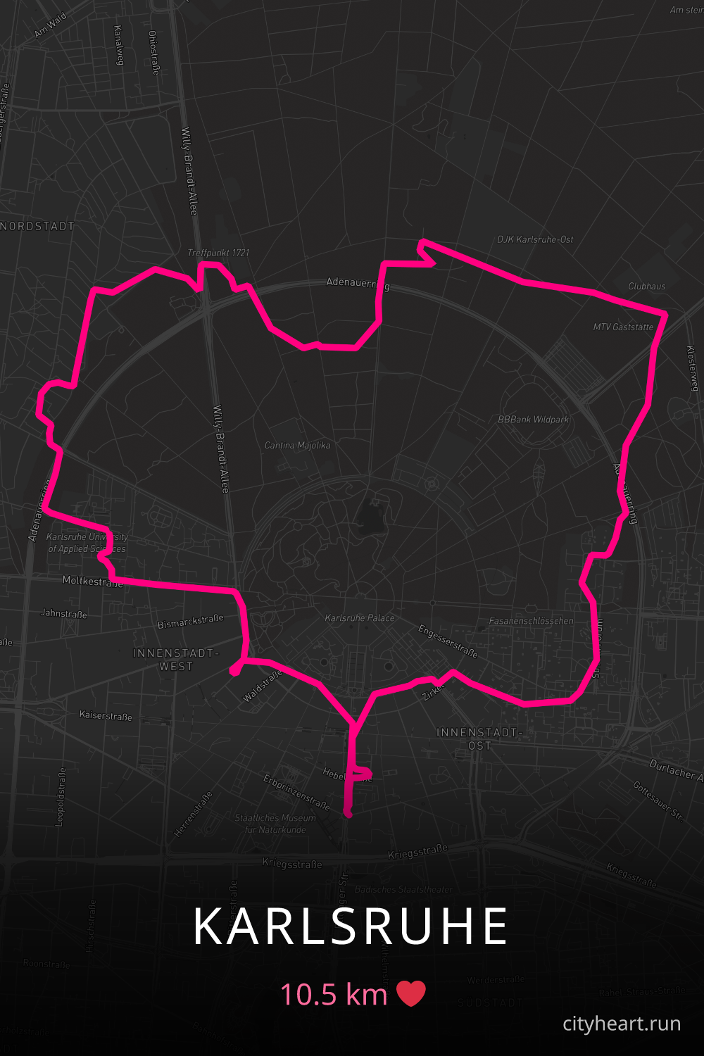 Heart-shaped running route in Karlsruhe, 10.5 km — GPS art for Strava