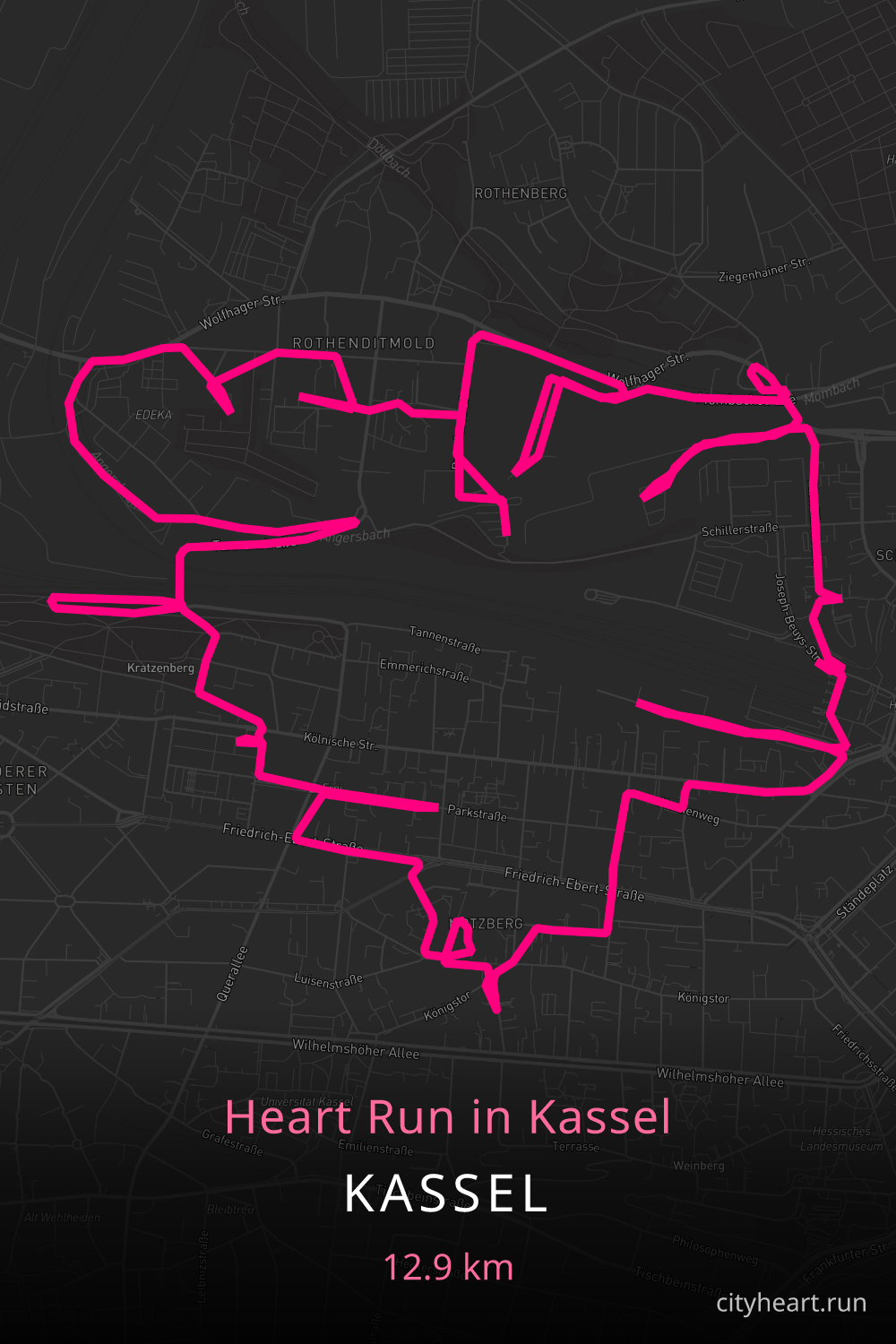 Heart-shaped running route in Kassel, 12.9 km — GPS art for Strava