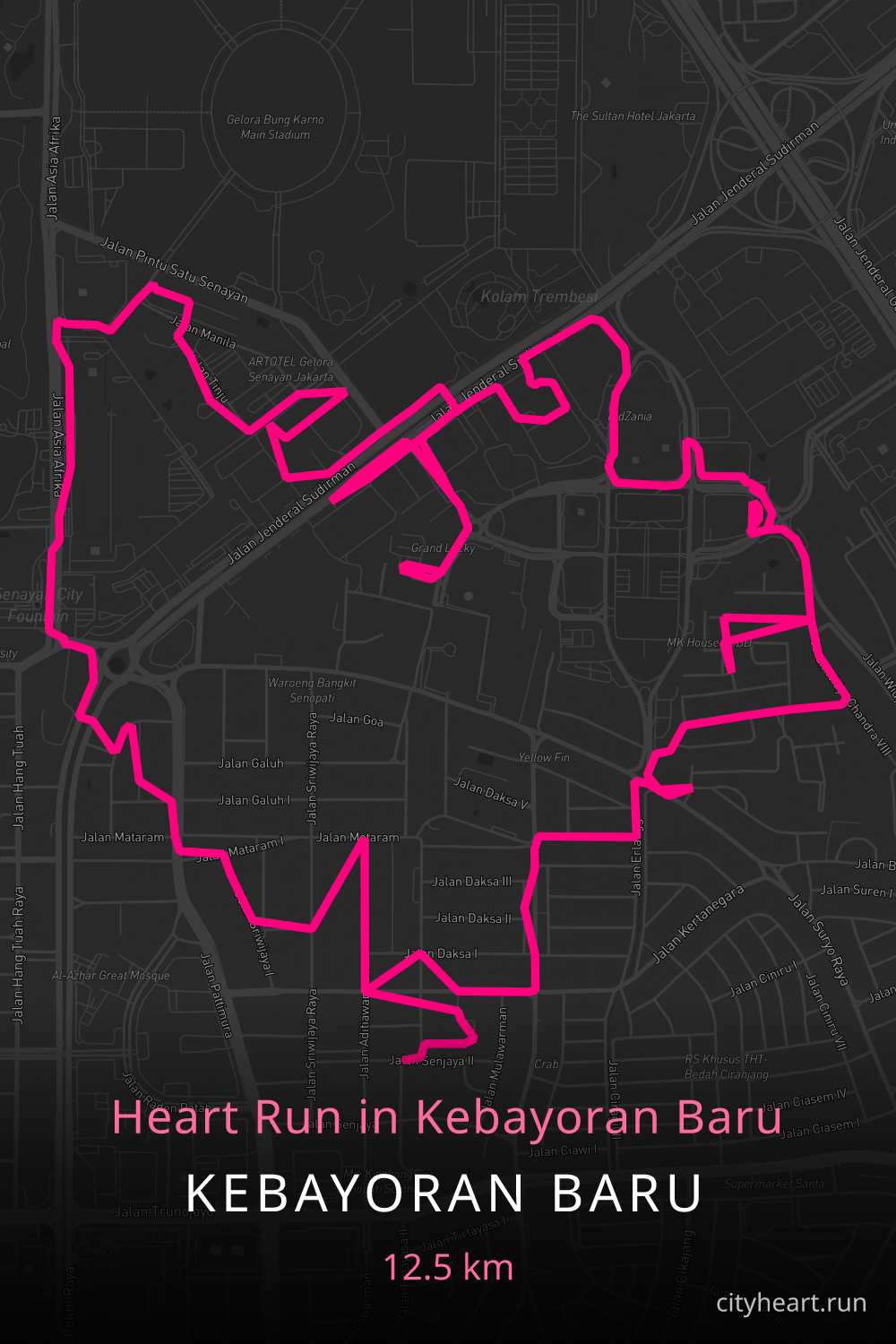 Heart-shaped running route in Kebayoran Baru, 13.6 km — GPS art for Strava