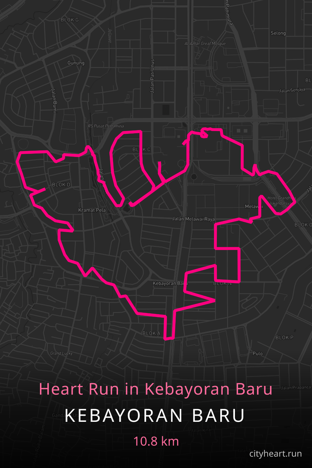 Heart-shaped running route in Kebayoran Baru, 10.8 km — GPS art for Strava