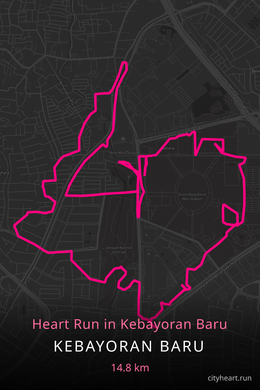 Heart-shaped running route in Kebayoran Baru, 16.5 km — GPS art for Strava
