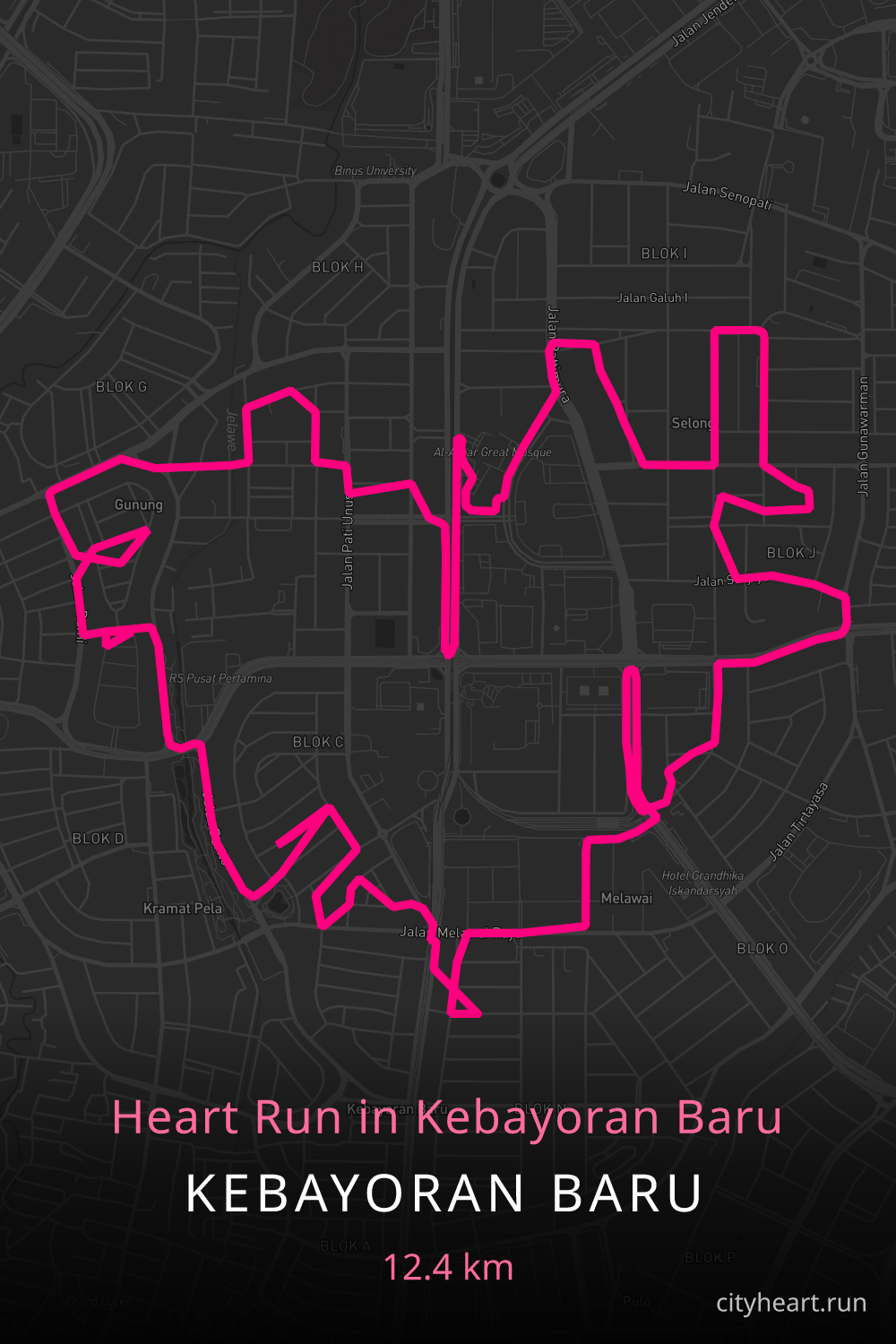 Heart-shaped running route in Kebayoran Baru, 12.4 km — GPS art for Strava