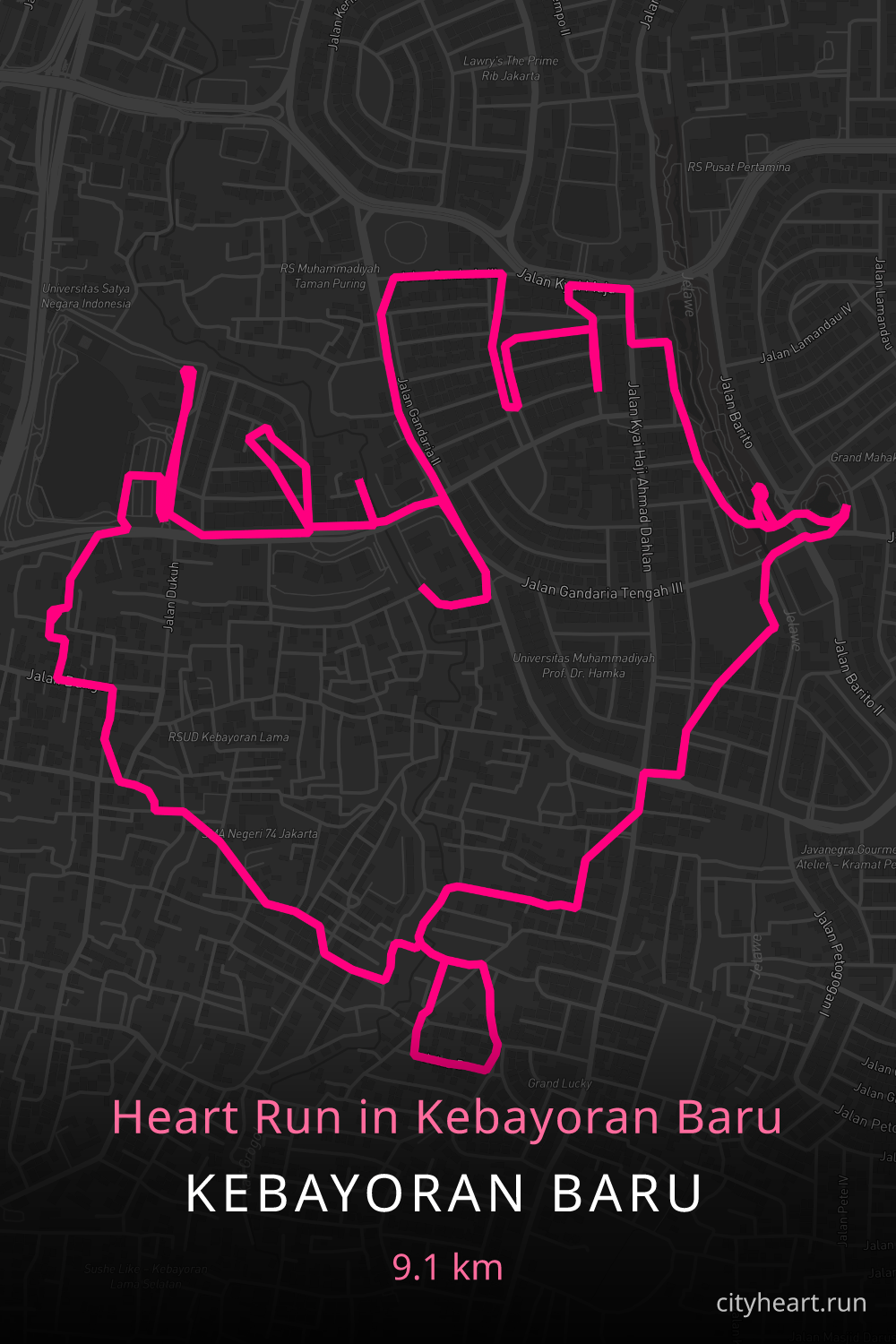 Heart-shaped running route in Kebayoran Baru, 9.8 km — GPS art for Strava