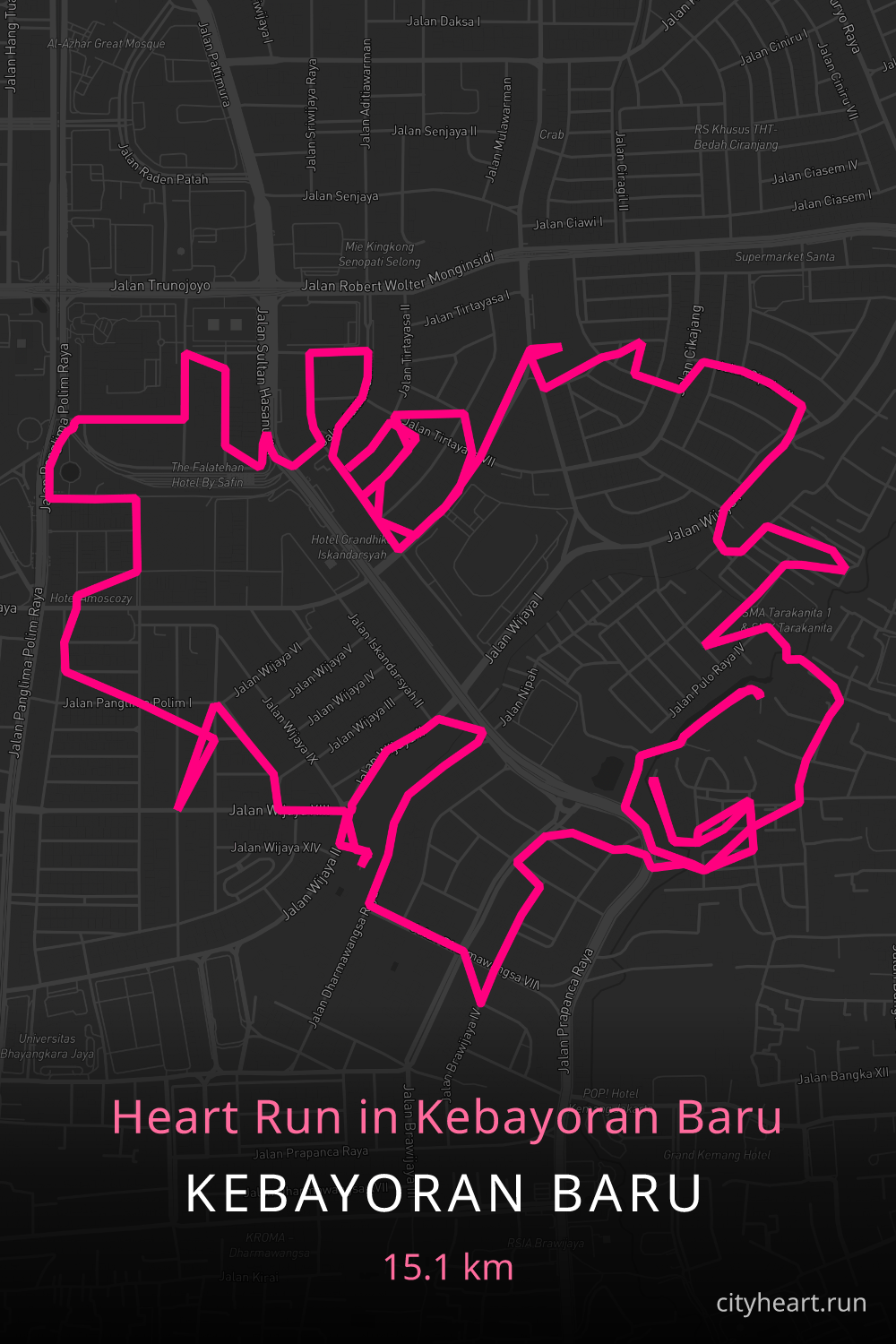 Heart-shaped running route in Kebayoran Baru, 15.1 km — GPS art for Strava