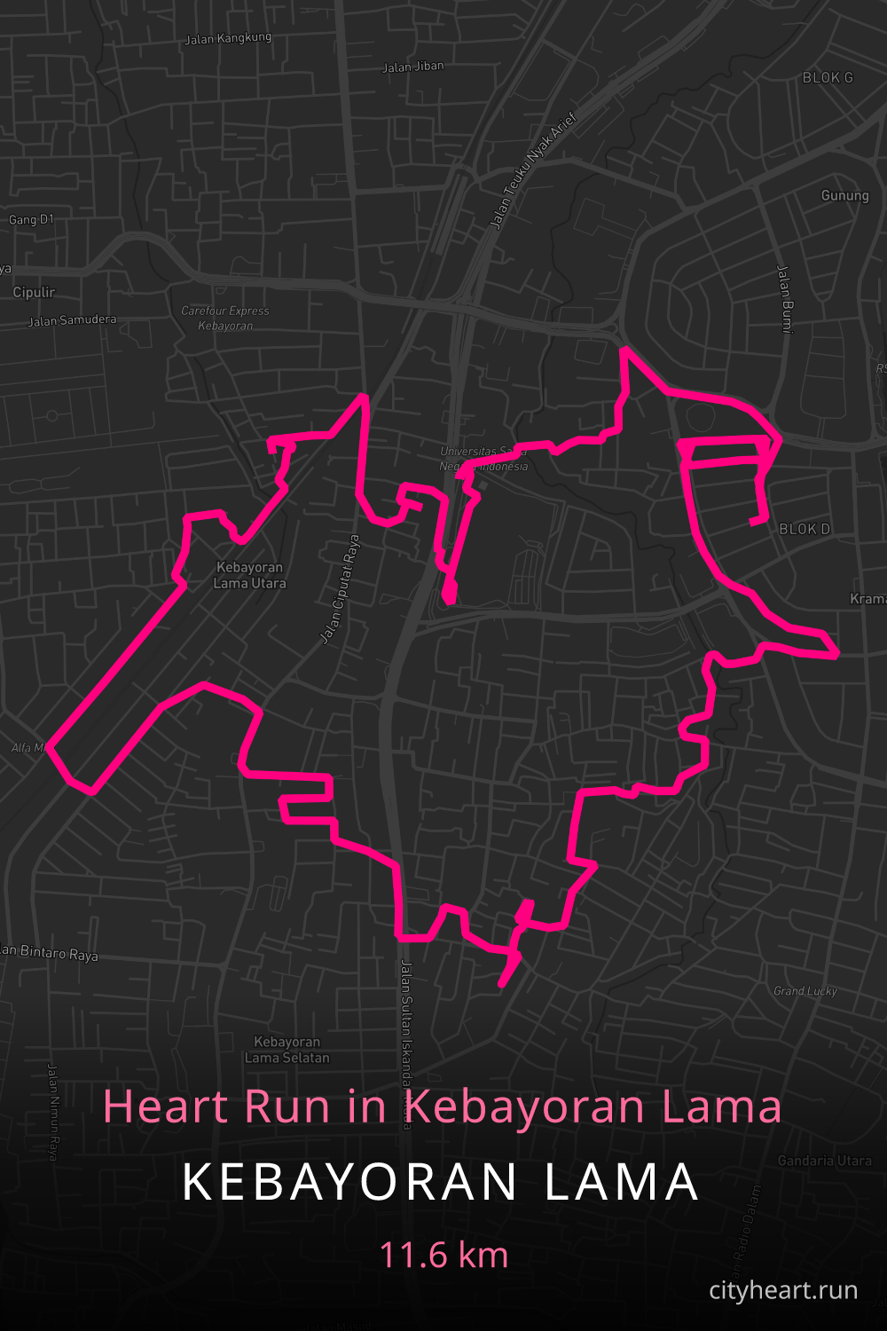 Heart-shaped running route in Kebayoran Lama, 12.8 km — GPS art for Strava