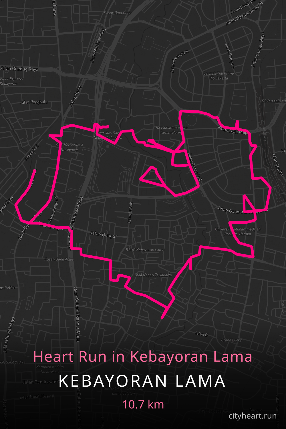 Heart-shaped running route in Kebayoran Lama, 11.7 km — GPS art for Strava
