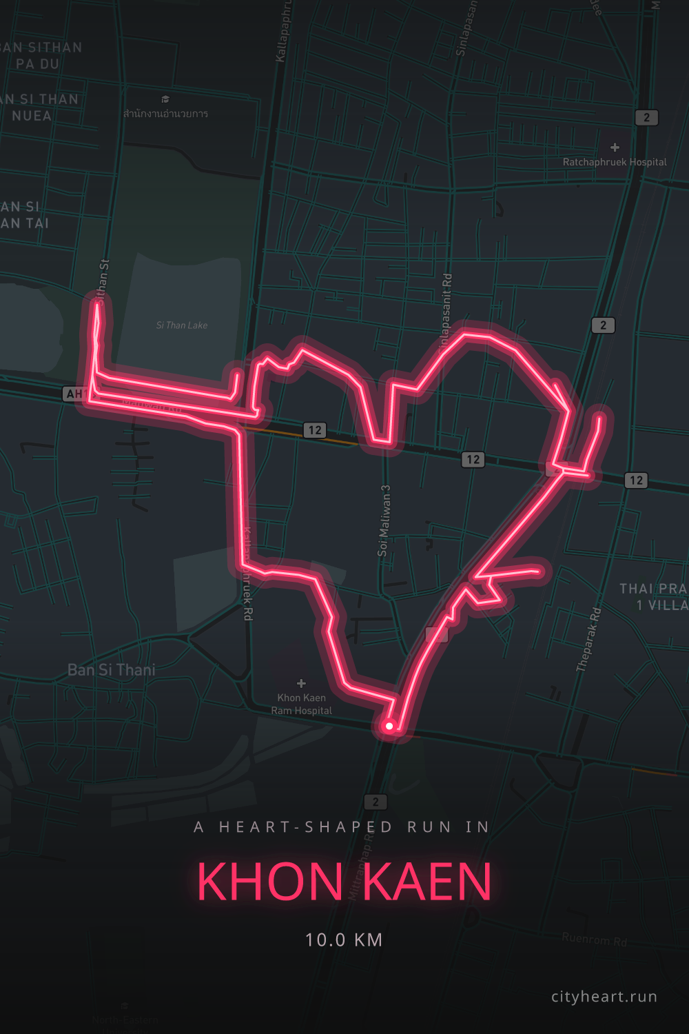 Heart-shaped running route in Khon Kaen, 10.9 km — GPS art for Strava
