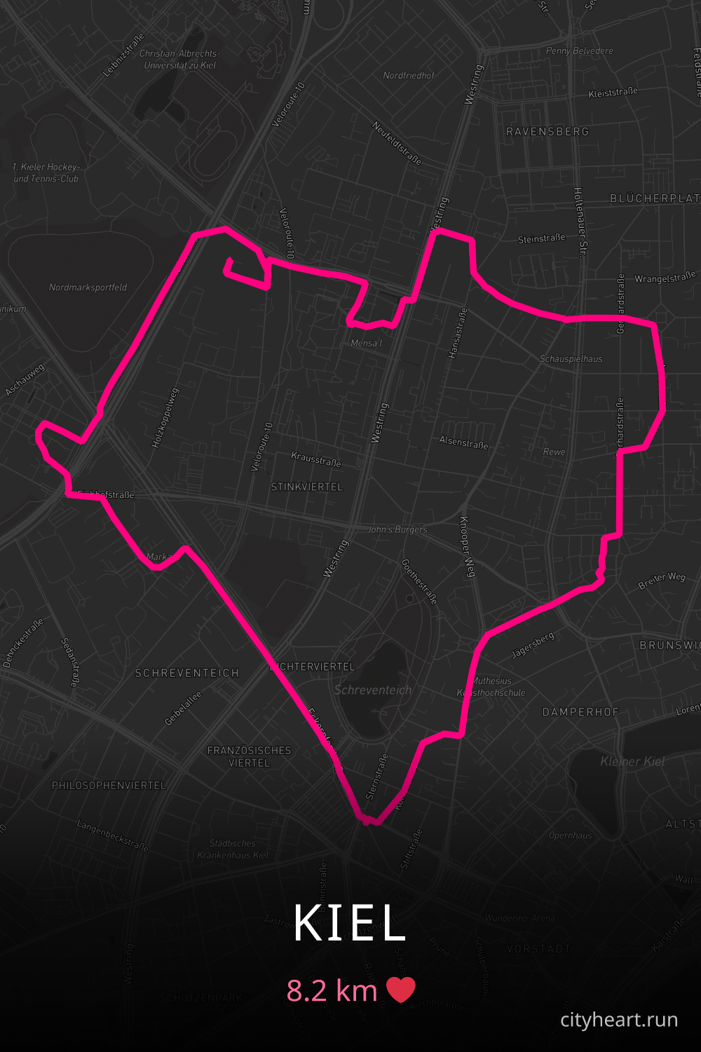Heart-shaped running route in Kiel, 8.2 km — GPS art for Strava