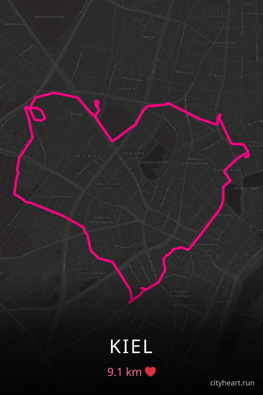 Heart-shaped running route in Kiel, 9.1 km — GPS art for Strava