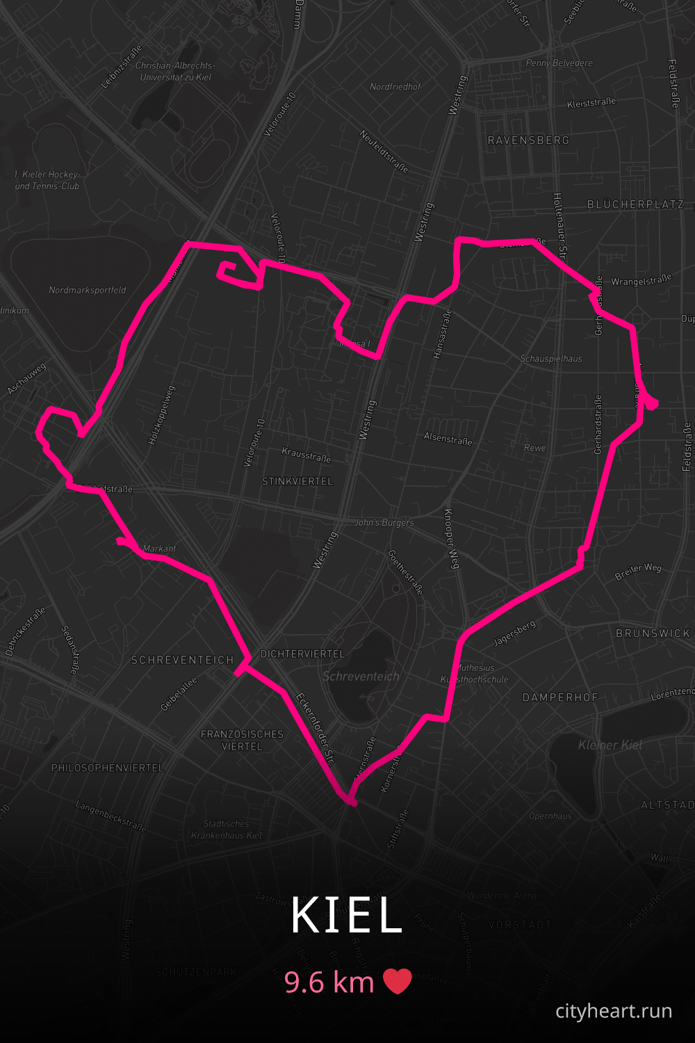 Heart-shaped running route in Kiel, 9.6 km — GPS art for Strava