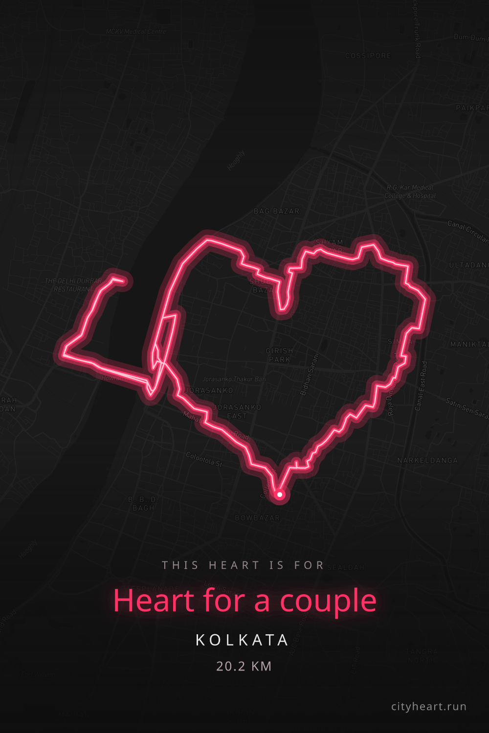 Heart-shaped running route in Kolkata, 20.3 km — GPS art for Strava