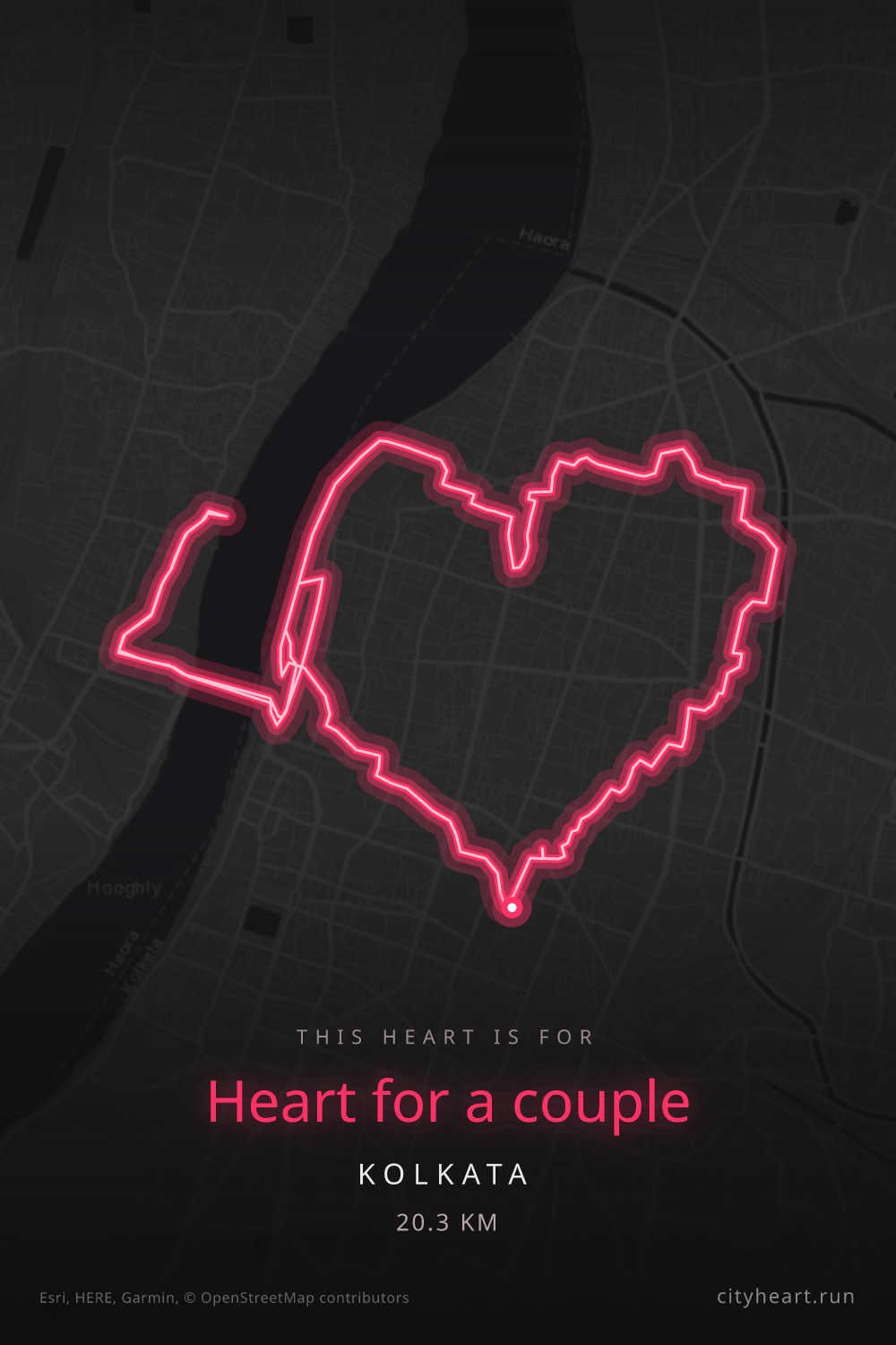 Heart-shaped running route in Kolkata, 20.3 km — GPS art for Strava