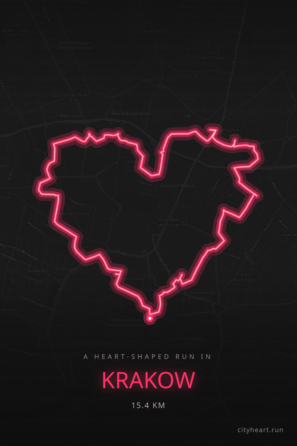 Heart-shaped running route in Krakow, 16.1 km — GPS art for Strava