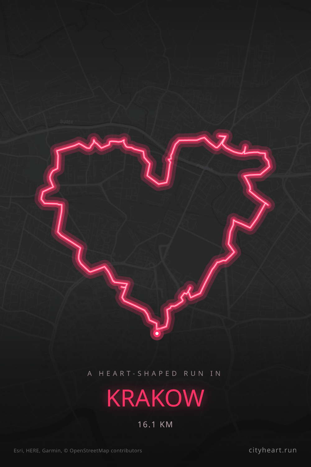 Heart-shaped running route in Krakow, 16.1 km — GPS art for Strava