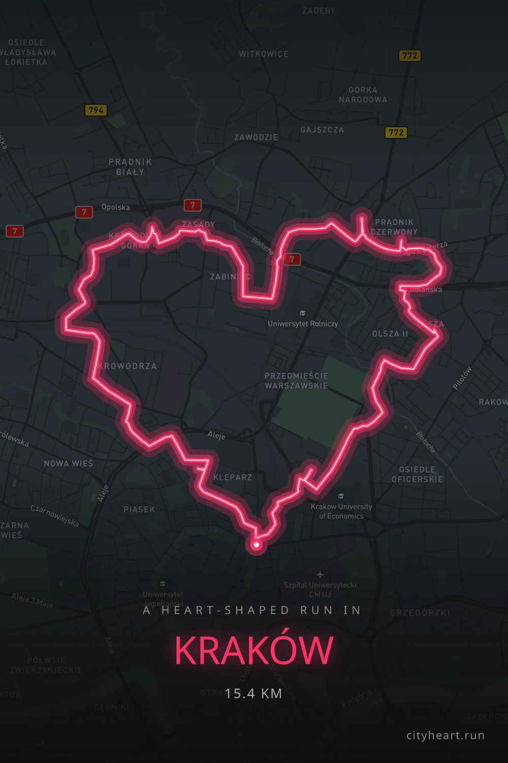 Heart-shaped running route in Kraków, 16.1 km — GPS art for Strava