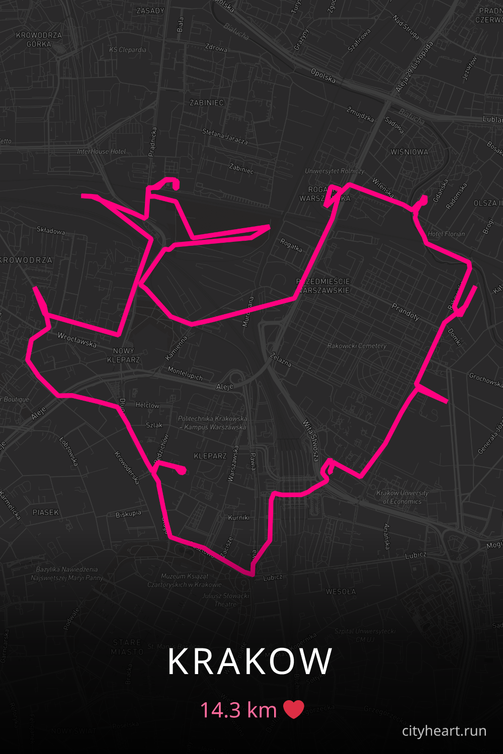 Heart-shaped running route in Krakow, 14.3 km — GPS art for Strava