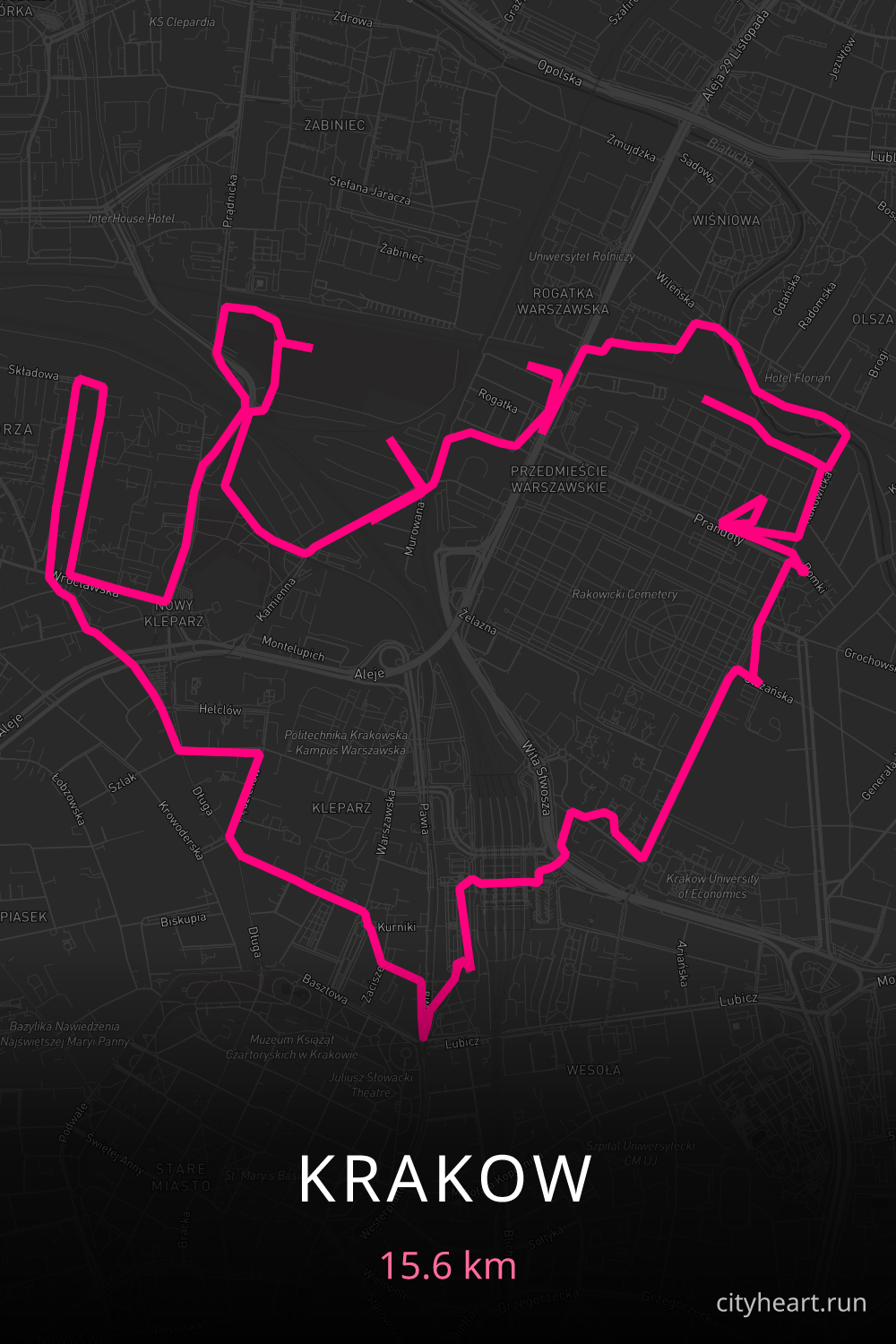 Heart-shaped running route in Krakow, 15.6 km — GPS art for Strava