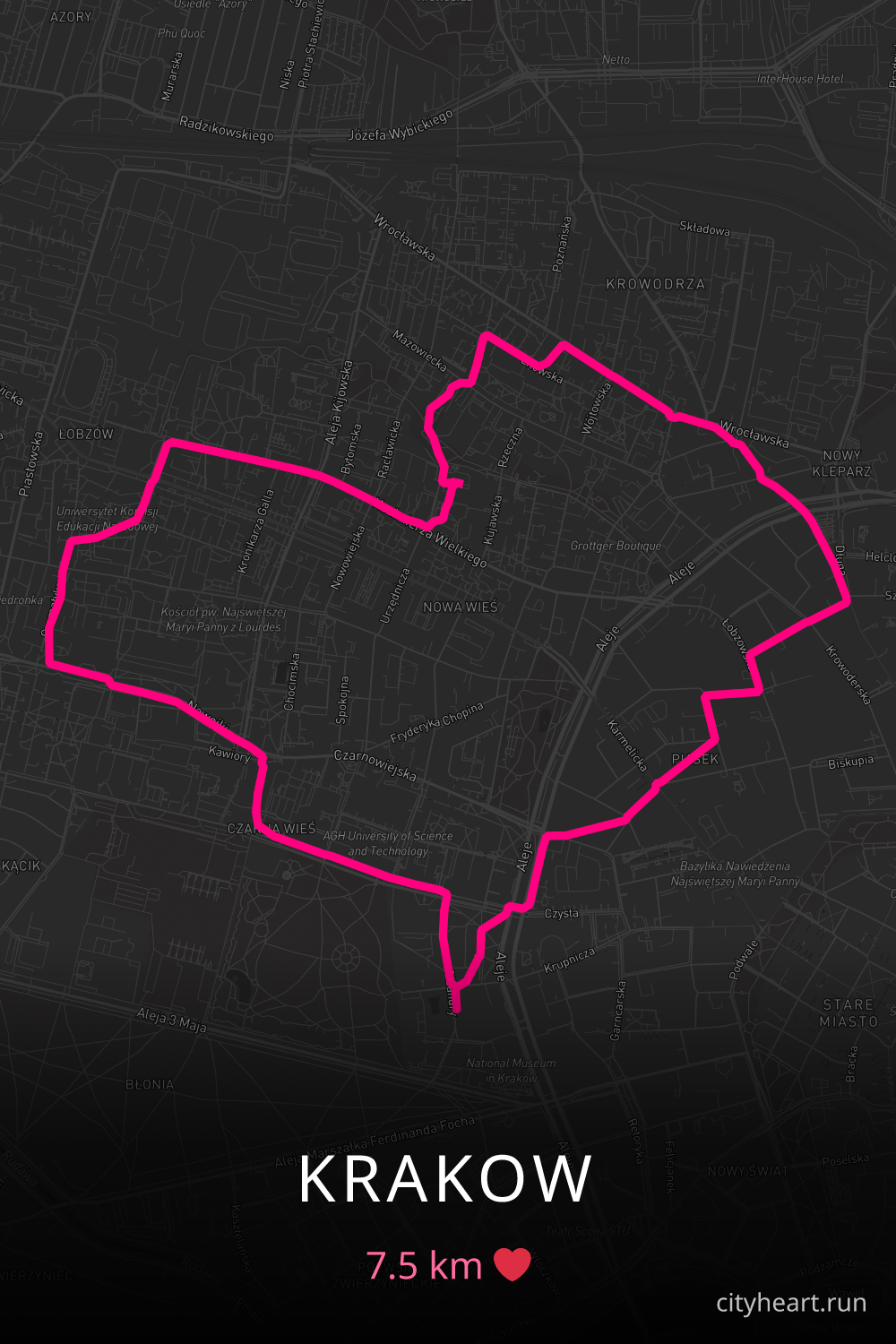 Heart-shaped running route in Krakow, 7.5 km — GPS art for Strava