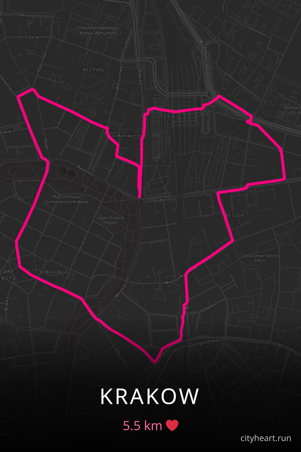 Heart-shaped running route in Krakow, 5.5 km — GPS art for Strava