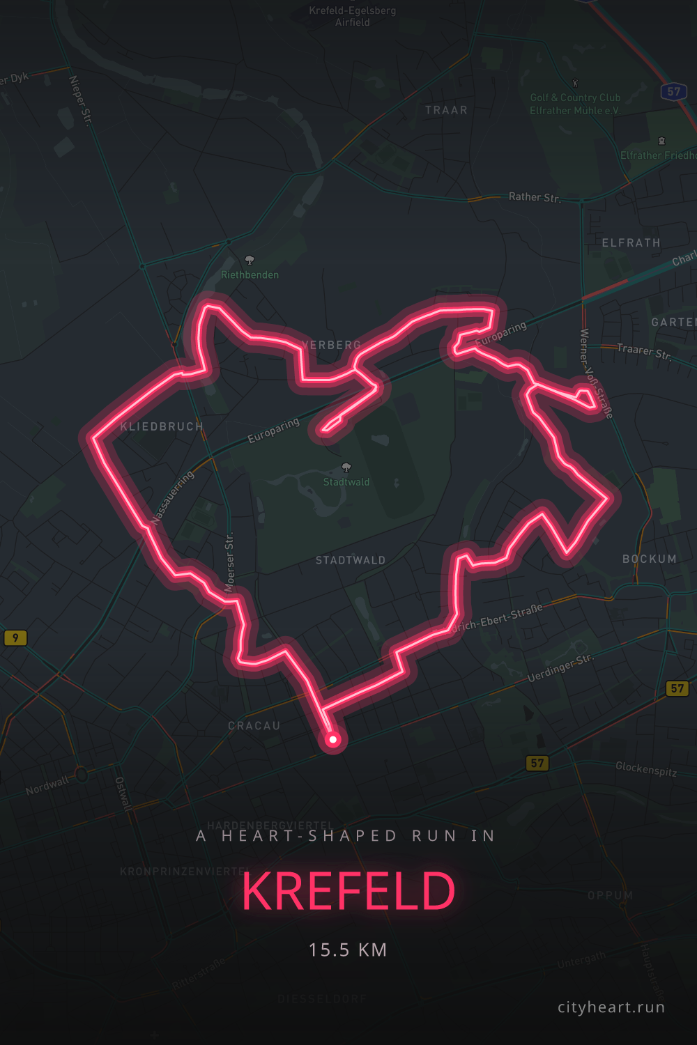 Heart-shaped running route in Krefeld, 15.5 km — GPS art for Strava
