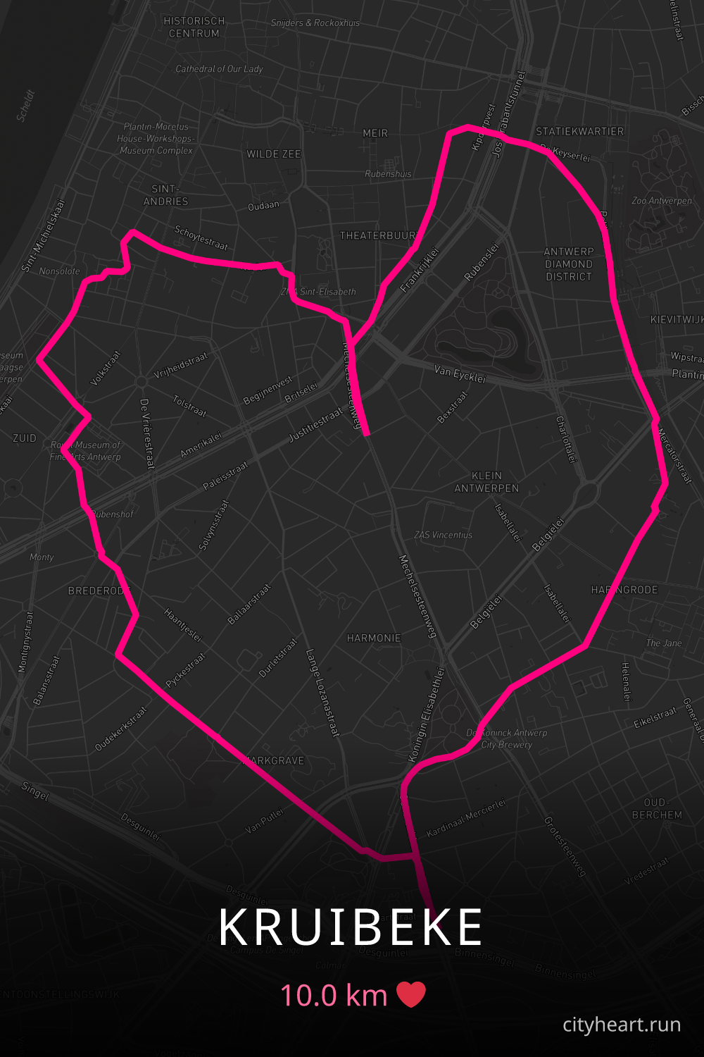 Heart-shaped running route in Kruibeke, 10.0 km — GPS art for Strava