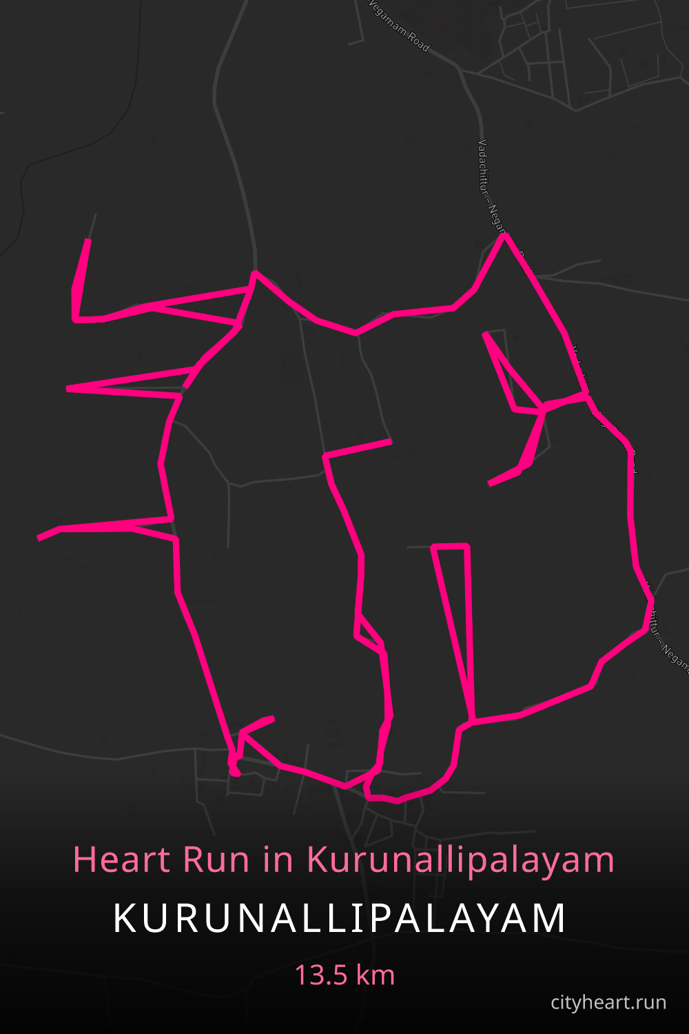 Heart-shaped running route in Kurunallipalayam, 13.5 km — GPS art for Strava