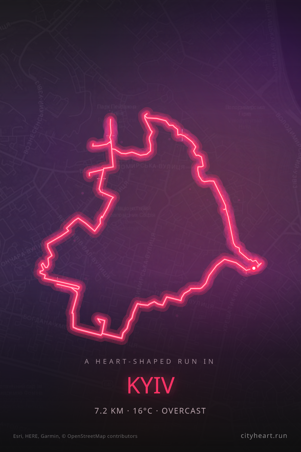 Heart-shaped running route in Kyiv, 7.2 km — GPS art for Strava