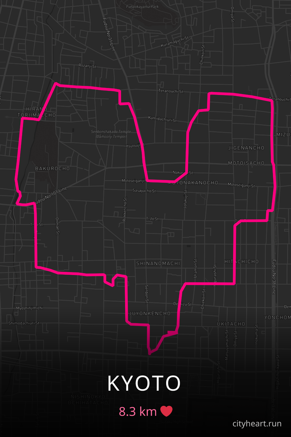 Heart-shaped running route in Kyoto, 8.3 km — GPS art for Strava