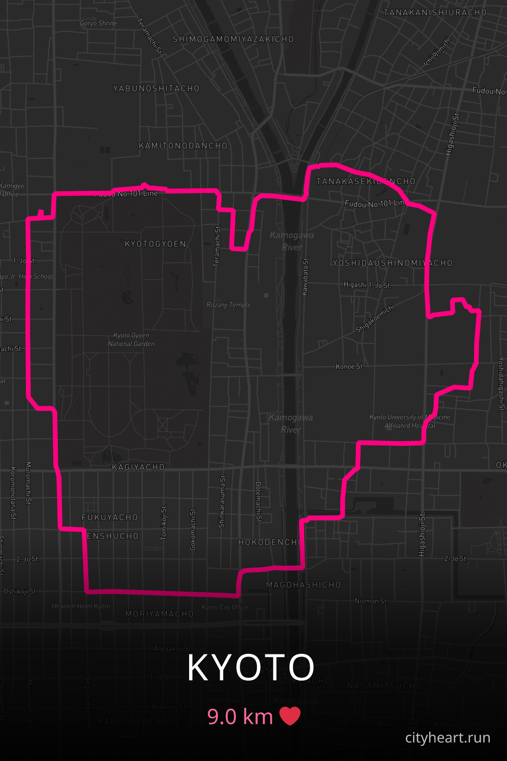 Heart-shaped running route in Kyoto, 9.0 km — GPS art for Strava