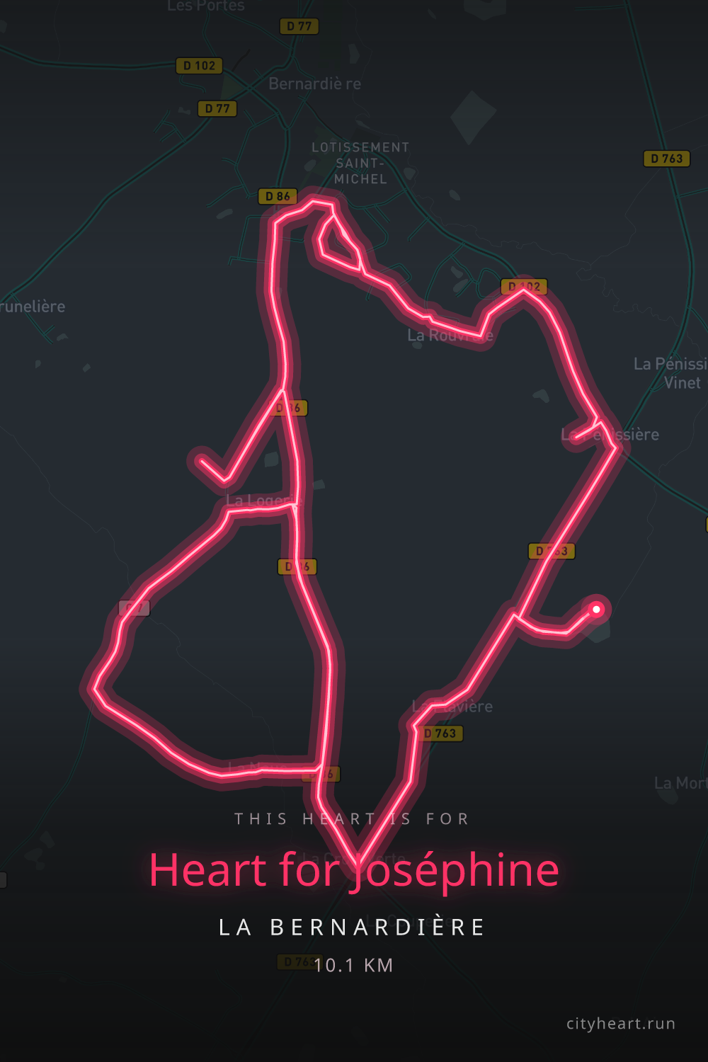 Heart-shaped running route in La Bernardière, 10.1 km — GPS art for Strava